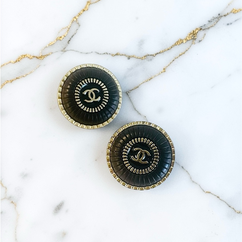 Luxury Black/Gold Upcycled Logo Button Earrings 20mm